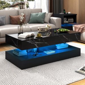 47inch Large High-Glossy LED Coffee Table with 2 Sliding Drawers, Living Room Storage Tables with Marbling Print, Modern Stylish Double-Layer Center Tables w/LED Lights, Black