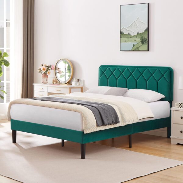 VECELO Queen Size Bed Frame Premium Velvet Upholstered Platform with Height Adjustable Headboard/Mattress Foundation, Solid Wooden Slat Support, No Box Spring Needed/Easy Assembly