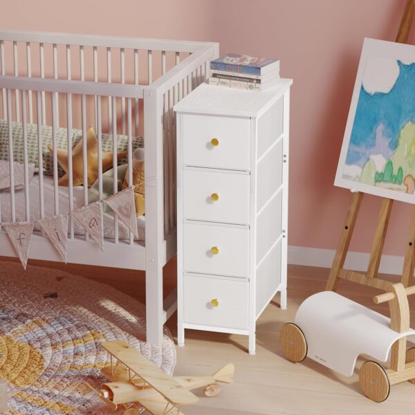 Fixwal Narrow Storage Cabinet, Narrow Nightstand Dresser with 4 Drawers, Slim Fabric Dresser Storage Tower for Small Spaces, White Dresser, for Bedroom, Bathroom, Laundry, Closet