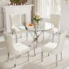 36" Round Glass Dining Table Set for 4, 5-Piece Modern Kitchen Table with 4 White Velvet Chairs, Modern Circle Leisure Table for Home Office Dining Room Small Spaces (Silver Leg)