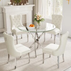 36" Round Glass Dining Table Set for 4, 5-Piece Modern Kitchen Table with 4 White Velvet Chairs, Modern Circle Leisure Table for Home Office Dining Room Small Spaces (Silver Leg)