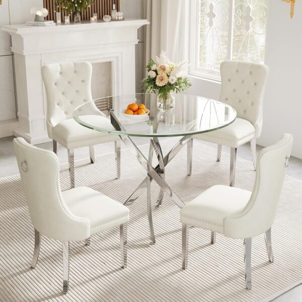 36" Round Glass Dining Table Set for 4, 5-Piece Modern Kitchen Table with 4 White Velvet Chairs, Modern Circle Leisure Table for Home Office Dining Room Small Spaces (Silver Leg)