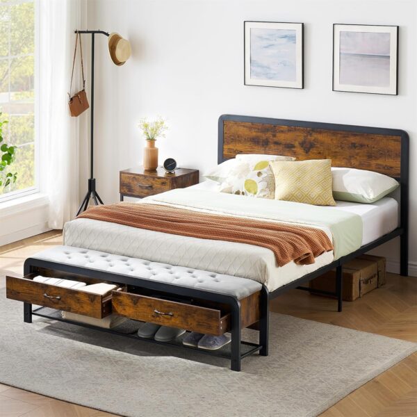 Queen Size Bed Frame with Wood Headboard and 2 Storage Drawers, Metal Platform Bed Frame Queen with Heavy Duty Metal Slats Supports, Noise-Free, No Box Spring Needed, Rustic Brown