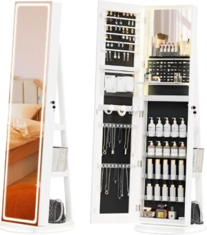 LED Mirror Jewelry Cabinet Standing, Jewelry Armoire with Full-Length Mirror and Adjustable LED Lights, 360° Swivel Jewelry Organizer Storage, White