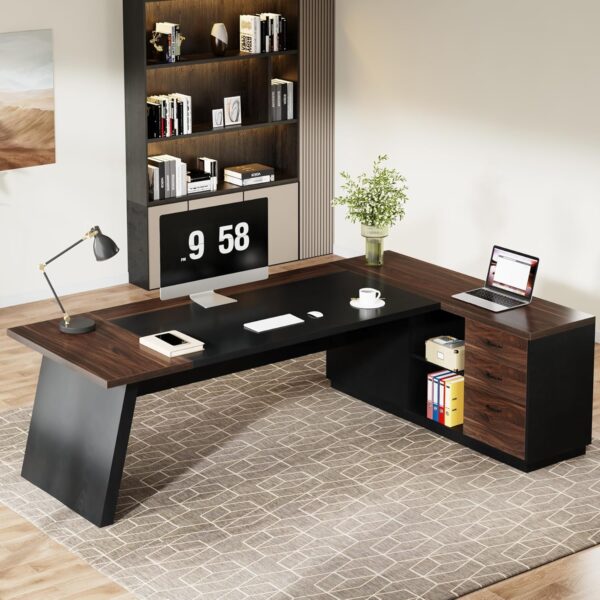 Tribesigns 78" L-Shaped Executive Desk, Large Office Desk with Drawers and Lateral File Cabinet, Business Furniture with Storage Shelves, Modern Computer Desk for Home Office, Walnut & Black