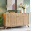 T4TREAM Large Buffet Sideboard Cabinet with Storages, 60" Fluted Modern Buffet Table Coffee Bar Wine Bar Storage Cabinet with 3 Drawers & 4 Doors for Dining Room, Living Room, Hallway(Natural Oak)