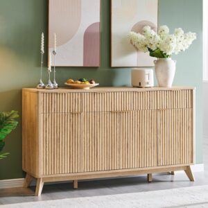 T4TREAM Large Buffet Sideboard Cabinet with Storages, 60" Fluted Modern Buffet Table Coffee Bar Wine Bar Storage Cabinet with 3 Drawers & 4 Doors for Dining Room, Living Room, Hallway(Natural Oak)
