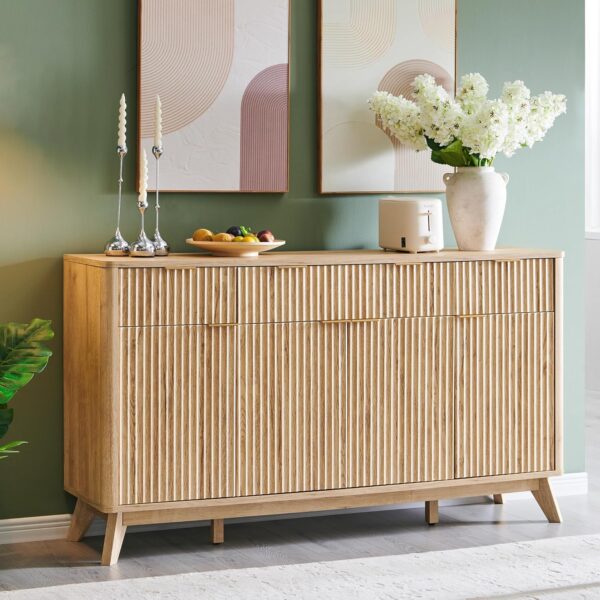 T4TREAM Large Buffet Sideboard Cabinet with Storages, 60" Fluted Modern Buffet Table Coffee Bar Wine Bar Storage Cabinet with 3 Drawers & 4 Doors for Dining Room, Living Room, Hallway(Natural Oak)