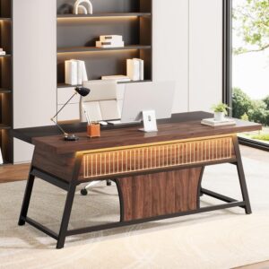 63 Inch Executive Office Desk, Large Computer Table with Metal Frame & Storage Shelf, Study Writing Workstation with LED Light, Modern Business Furniture for Home Office, Walnut and Black