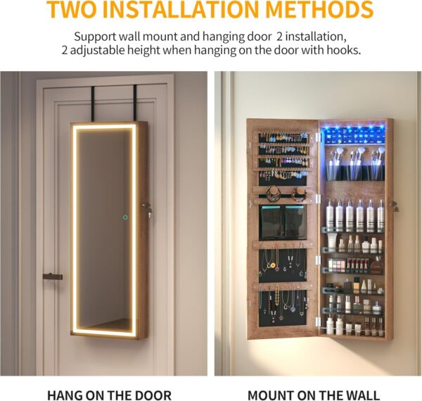 LVSOMT LED Wall/Door Mounted Jewelry Cabinet Armoire, Full Length Mirror with Lights, Lockable Storage Organizer, Over the Door Hanging Dressing Body Mirror (Wood)