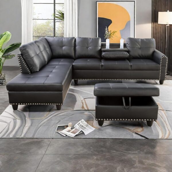 L Shaped Sectional Couches, Convertible Lounge Leather Couch with Reversible Cup Holder, Nail-Head Design Modern Modular Sectional Sofa for Living Room Furniture Sets, Black A