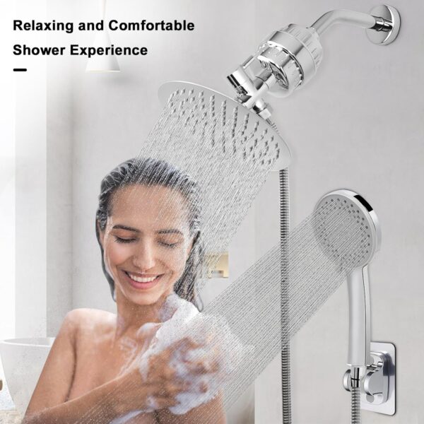 81FxTIhl8TL._AC_SL1500_.jpg NearMoon Filtered Shower Head, High Pressure 8″Round Rain Shower and 5 settings Handheld Shower Filter Combo with Self-adhesive Holder/1.5M Hose -1 Replaceable Filter Cartridge (Chrome Finish)