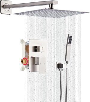 Shower Faucet Set, Rainfall Shower System Complete Wall Mounted for Bathroom with 8 Inch Shower Head and Handheld Rain Mixer Combo Kit with Shower Valve and Shower Trim, Brushed Nickel