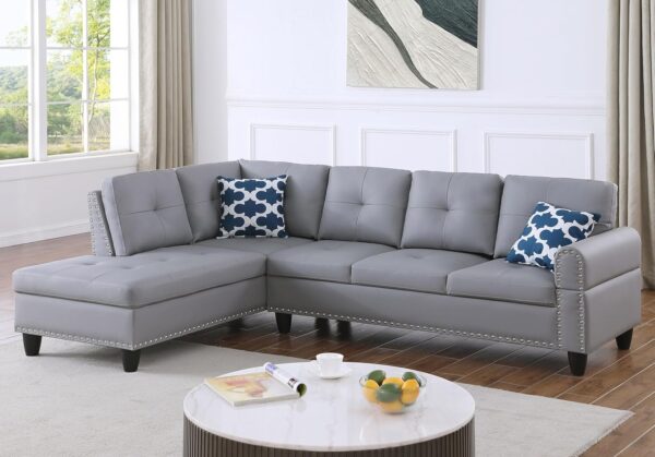 3 Piece Modular Sectional Sofa with Right Chaise, L-Shaped Nailhead Decor Faux Leather Upholstered 5 Seater Corner Sofa&Couch with Cupholders and Storage Ottoman for Home/Apartment/Office Living Room