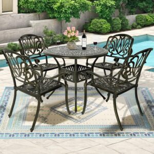 MEETWARM 5 Piece Outdoor Patio Dining Set All-Weather Cast Aluminum Dining Table Chair Set Patio Furniture Set for Backyard Garden Deck, Include 4 Chairs and 1 Round Table