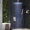 Aolemi Ceiling Mount Shower Faucet Set with Handheld Spray High Pressure Shower Faucets Sets Complete Rough-in Valve and Shower Trim Kit System Included Rainfall Brushed Nickel 16 Inch LED Shower Head