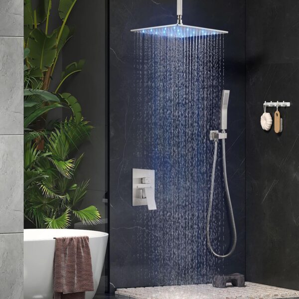 Aolemi Ceiling Mount Shower Faucet Set with Handheld Spray High Pressure Shower Faucets Sets Complete Rough-in Valve and Shower Trim Kit System Included Rainfall Brushed Nickel 16 Inch LED Shower Head