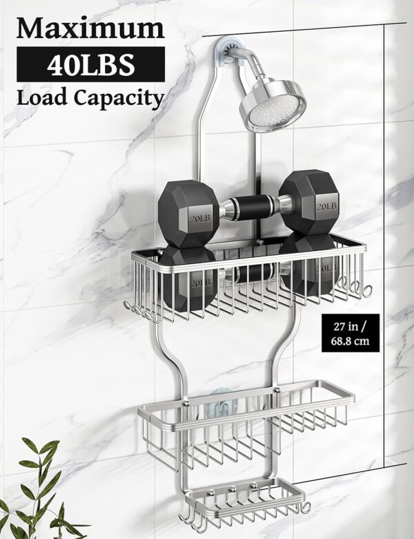 YASONIC Shower Caddy Hanging - Never Rust Shower Organizer - Aluminum Over The Shower Head Caddy with 10 Hooks for Razor/Sponge - Shower Rack with Soap Basket - Silver