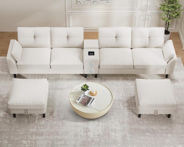 WEUP 115” Modern Cloud Couch Sectional Sofa with Bluetooth Speaker & USB Charger, LED Light, Storage Ottomans, Comfy Boucle U-Shaped Sectional Couches for Living Room, Apartment, White