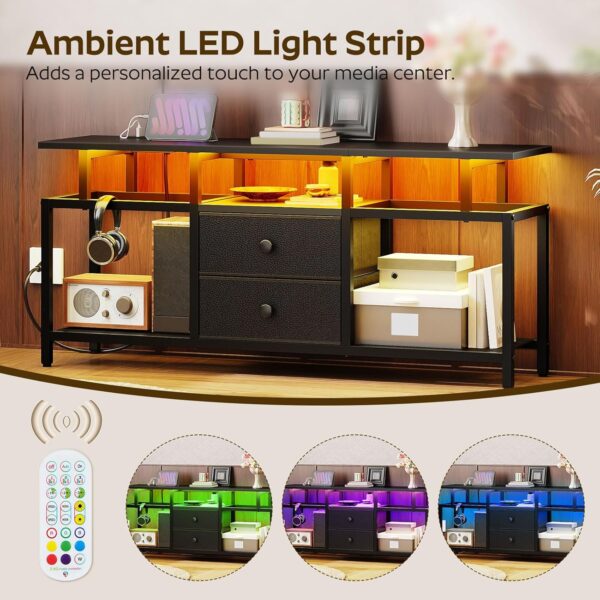 TV Stand with LED Light and Power Outlets, Entertainment Center with Fabric Drawers and Open Shelves, TV Cabinet for TVs up to 50 Inch, Media Console for Living Room, Bedroom, Black DS03UDBB