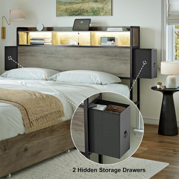 Queen Bed Frame with Bookcase Headboard and 2 Drawers LED Lights Metal Platform Non-Slip Without Noise Strong Metal Slats Support No Box Spring Needed (Greige, Queen)