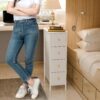 Fixwal Narrow Storage Cabinet, Narrow Nightstand Dresser with 4 Drawers, Slim Fabric Dresser Storage Tower for Small Spaces, White Dresser, for Bedroom, Bathroom, Laundry, Closet