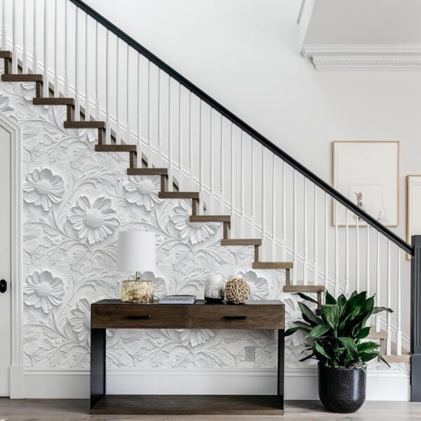 White Floral Peel and Stick Wallpaper Modern Floral 3D Embossed Wallpaper Self Adhesive Removable Contact Paper Waterproof Wallpaper for Bathroom Bedroom Cabinets Decor 17inch×196.8inch Vinyl