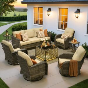 ovios 8 Pieces Patio Furniture Set, Outdoor Wicker Sofa with Swivel Rocking Chairs Solar Lights Table, Modern Deep Seat Rattan Couch Conversation Set for Porch Deck, Beige