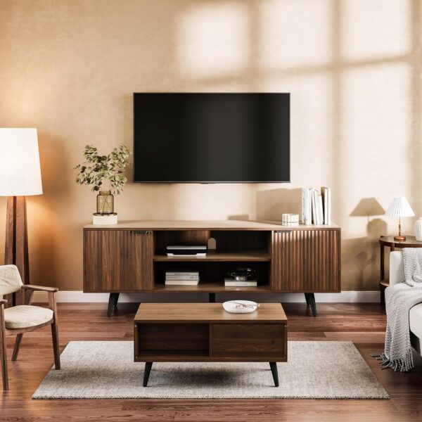 59" Modern TV Stand with Storage Cabinet, Wood Fashionable TV Cabinet with Waveform Panel and Adjustable Shelf, Entertainment Center TV Stand for 69'' TV, Living Room Furniture, Dark Walnut