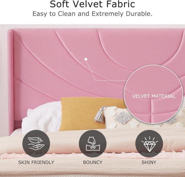 VECELO Upholstered Platform Queen Bed Frame with Fabric Headboard,Wooden Slats Support/No Box Spring Needed/Mattress Foundation,Pink