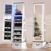LVSOMT LED Mirror Jewelry Cabinet Standing, 360°Swivel Jewelry Armoire with Full Length Mirror, Mirror with Jewelry Storage and Large Wooden Drawer for Christmas Gifts (Farmhouse White)
