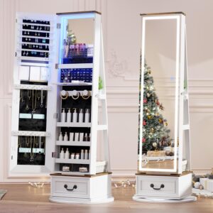LVSOMT LED Mirror Jewelry Cabinet Standing, 360°Swivel Jewelry Armoire with Full Length Mirror, Mirror with Jewelry Storage and Large Wooden Drawer for Christmas Gifts (Farmhouse White)