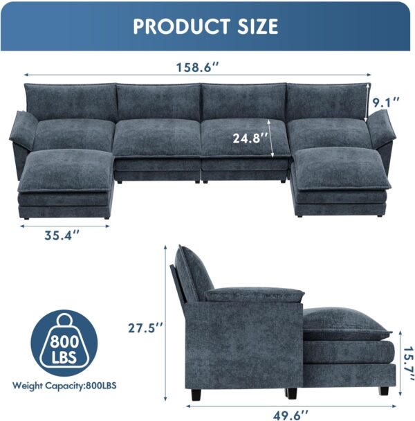 YESHOMY Sectional Modular Sofa U Shaped Chenille Fabric Couch with High Supportive & Soft Sponges and Removable Ottoman, Sleeper Comfy Upholstered Furniture for Living Room, Blue