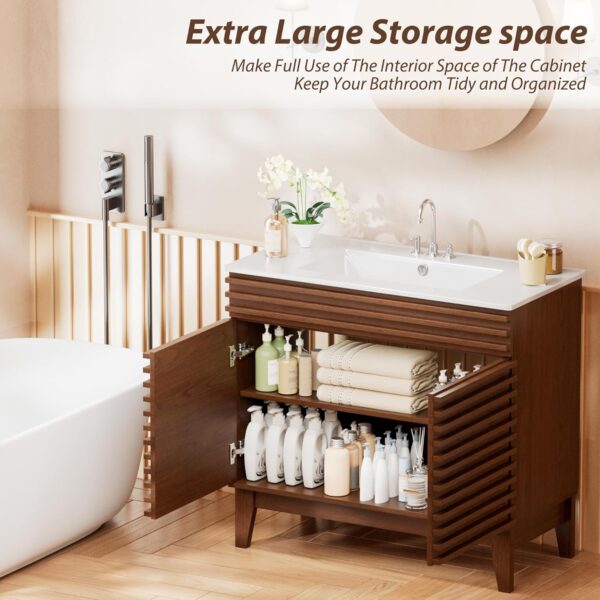 APRILSOUL 36" Bathroom Vanity with Ceramic Sink, Mid-Century Bathroom Vanity Cabinet with 2 Soft Closing Doors, Freestanding Bathroom Cabinet, Particleboard Frame with Wood Grain Laminate, Walnut