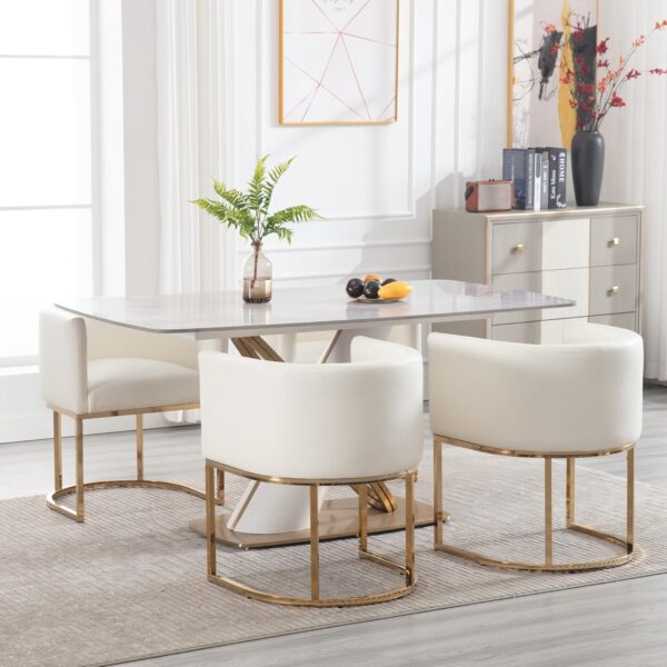 81I7FPjIatL._AC_SL1500_.jpg Faux Leather Dining Chairs Set of 2 Modern Barrel Arm Chairs with Golden Metal Frame, Upholstered Kitchen Chairs 18.5" Wide Accent Chairs for Living Room Dining Room Restaurant, White