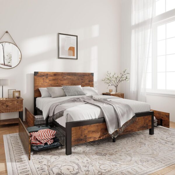Queen Bed Frame with 4 Storage Drawers and Heavy Duty, Strong Metal Support Bed Frame with Wooden Headboard, No Box Spring Needed, Easy Assembly, Vintage Brown