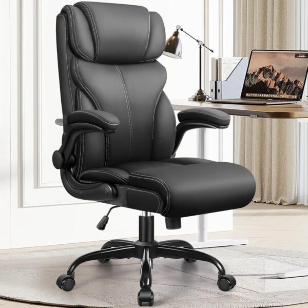 Office Chair, Ergonomic Big and Tall Computer Desk Chairs, Executive Breathable Leather Chair with Adjustable High Back Flip-up Armrests, Lumbar Support Swivel PC Chair with Rocking Function