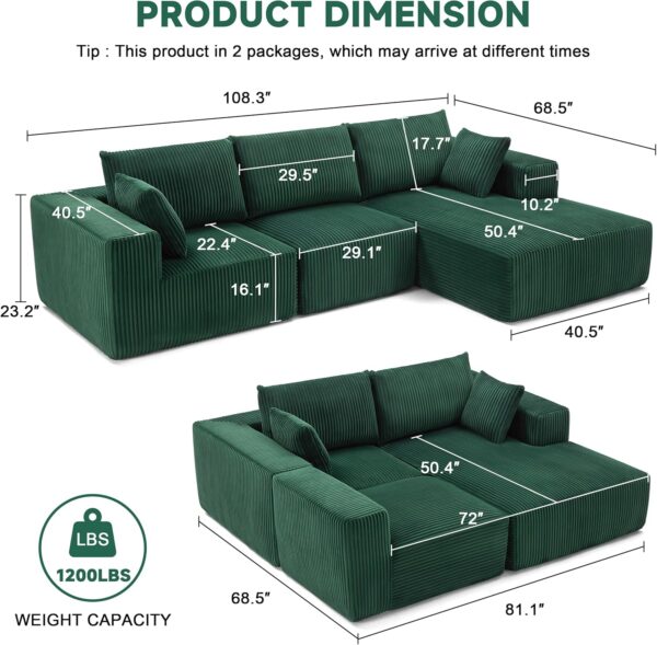 HUATEAN 108” Modular Sectional Sofa, Cloud Sectional Couch with Deep Seat, Modern Modular L-Shape Sofa Couch with Chaise,Upholstered Couches for Living Room Bedroom (Corduroy, Green)