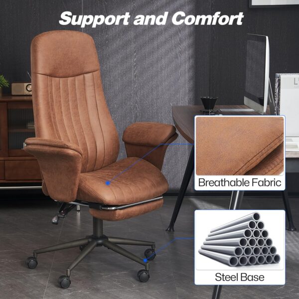 High Back Ergonomic Home Office Desk Chair, Modern Lumbar Support Recline Executive Office Chair with Foot Rest, Suede Leather Swivel Computer Chair with Detachable Arms (Light Brown Suede Fabric)