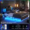 Unikito Cool Queen Size Bed Frame with RGB LED Lights and Power Outlets, Sturdy Platform Bed with Storage Upholstered Headboard, Strong Metal Slats, No Box Spring Needed, Easy Assembly, Vintage