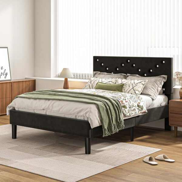 Modern Black Queen Size Platform Bed Frame with Headboard - Upholstered Button-Tufted Design, No Box Spring Needed, Easy Assembly