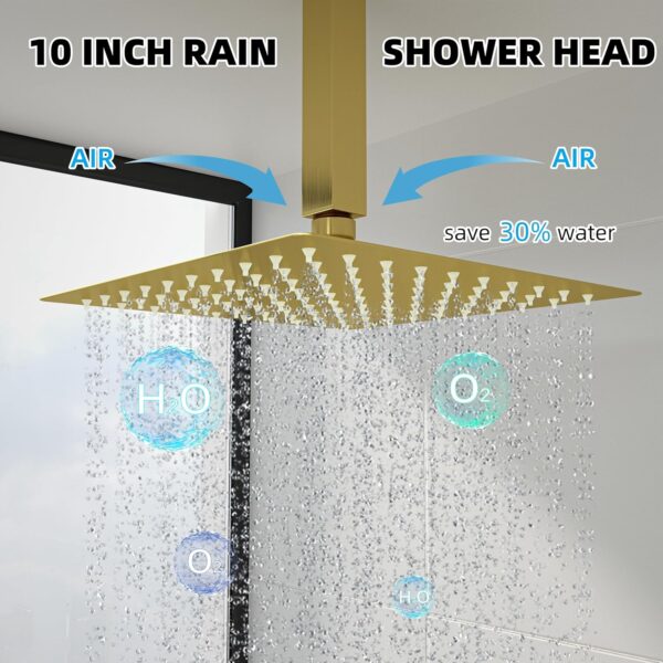 10 Inch Ceiling Mount Shower System with Tub Spout, 10 Inch Shower Faucet Set with Rain Shower Head High Pressure Handheld Spray Rough-in Valve and Shower Trim Included, Brushed Gold