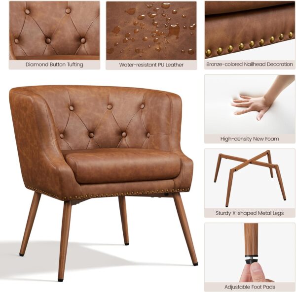 Yaheetech Modern Accent Chair, PU Leather Retro Armchair, Upholstered Barrel Chair with Metal Leg and Comfy Seat Cushion for Living Room Bedroom, Retro Brown