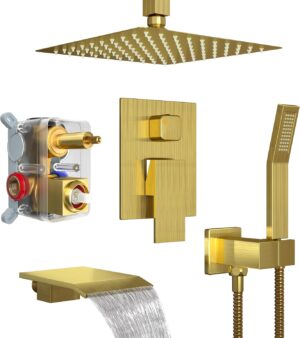 10 Inch Ceiling Mount Shower System with Tub Spout, 10 Inch Shower Faucet Set with Rain Shower Head High Pressure Handheld Spray Rough-in Valve and Shower Trim Included, Brushed Gold