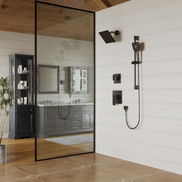81Jlg0G6EUL._AC_SL1500_.jpg Black Shower Faucet Set - High Pressure Shower Head and Handheld Shower System, Wall Mounted 6 Inches Rain Shower Head with Slide Bar Shower Fixtures (Valve and Trim Kit Included), Matte Black