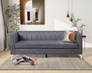 Morden Fort Faux Leather Couch, 71" W Modern Faux Leather Office Sofa Easy to Clean with Highly Wear Resistant Seats and Metal Legs, 3 Seater Couches for Living Room Apartment Lounge Grey