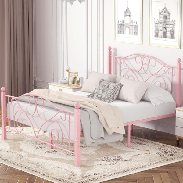 VECELO Queen Size Bed Frame with Headboard and Footboard, Heavy Duty Metal Slat Support, Platform Mattress Foundation, No Box Spring Needed, Easy Assembly, Pink