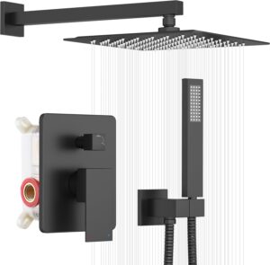 ESNBIA Black Shower Faucet Set, 12 Inches Rainfall Shower System with Rain Shower Head and Handle Set, All Metal Shower Fixtures with Pressure Balance Shower Valve, Matte Black