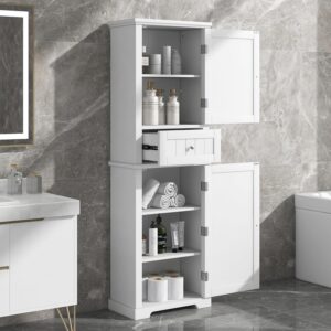 67.3“ Tall Linen Bathroom Storage Cabinet, Modern Linen Cabinet Freestanding with 2 Doors and 1 Drawer, Bathroom Organizers Storage, Shelves for Bathroom, Living Room, Anti-Tipping (White)