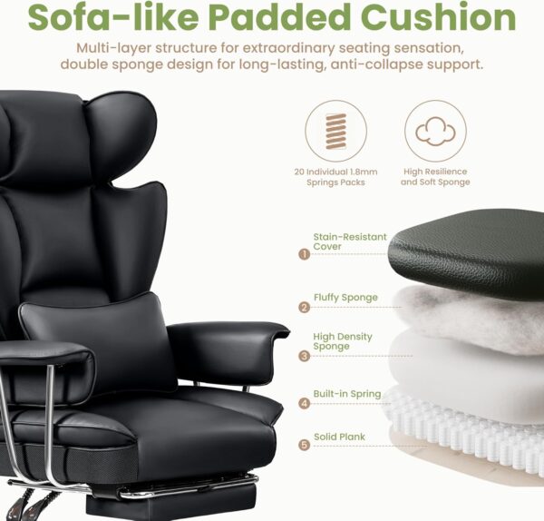 Home Office Desk Chair, Big and Tall Executive Office Chairs with Footrest, Leather Computer Gaming Chairs with Adjustable Height, Ergonomic Chairs with Lumbar Support, Black